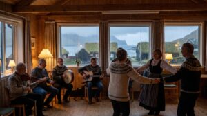 Faroese musicians and dancers celebrating Spæl Føroyskt Week in a timber venue, with turf-roof houses outside in the autumn rain.